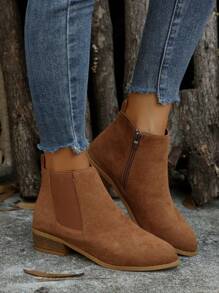 Botas vintage de puntera puntiaguda de unicolor para mujer, zapatos cómodos con cremallera lateral, talla grande 43, botines y botas cortas para mujer - Marrón - Ver 2