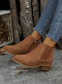 Botas vintage de puntera puntiaguda de unicolor para mujer, zapatos cómodos con cremallera lateral, talla grande 43, botines y botas cortas para mujer - Marrón - Ver 4