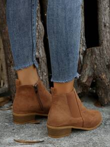 Botas vintage de puntera puntiaguda de unicolor para mujer, zapatos cómodos con cremallera lateral, talla grande 43, botines y botas cortas para mujer - Marrón - Ver 7