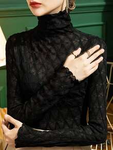 Damen-Unterhemd mit hohem Halsausschnitt und Spitzenbesatz, schmale Passform, langärmelig, beliebtes schwarzes T-Shirt, Frühling & Herbst