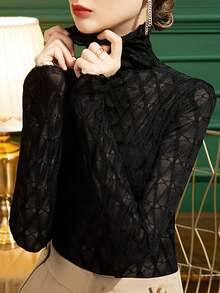 Damen-Unterhemd mit hohem Halsausschnitt und Spitzenbesatz, schmale Passform, langärmelig, beliebtes schwarzes T-Shirt, Frühling & Herbst