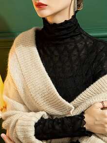 Damen-Unterhemd mit hohem Halsausschnitt und Spitzenbesatz, schmale Passform, langärmelig, beliebtes schwarzes T-Shirt, Frühling & Herbst