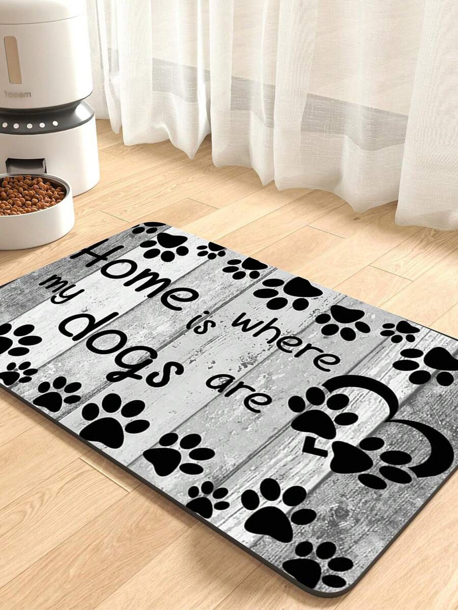 1 Piece Of Gray Wooden Board Pattern Letter Pet Feeding Mat, Non Slip Rubber Bottom, Absorbent Quick Drying Household Cat And Dog Meal Mat - Multicolor - View 1