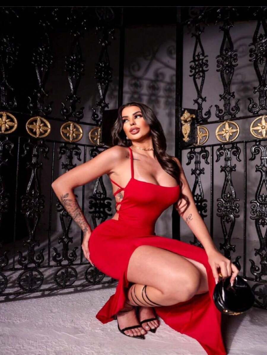 Vestido Longo com Fenda Sensual Bloguera alças Finas Estiloso Fashion Fenda Lateral Elegante Festas Ou Formatura Moda Blogueira - Vermelho - Visão 1