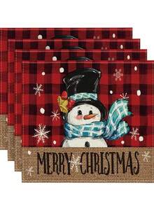 圣诞亚麻餐垫、圣诞主题桌垫、圣诞快乐隔热垫、厨房装饰桌垫、西式餐桌垫、圣诞装饰品、餐桌装饰品 - 彩色 - 查看 9