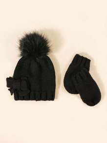 2pcs/Set Kids Bow & Pom-Pom Knit Beanie Hat And Gloves Winter Warm Y2K Fashion Outdoor Accessory