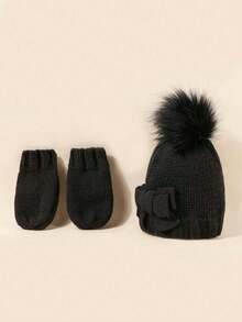 2pcs/Set Kids Bow & Pom-Pom Knit Beanie Hat And Gloves Winter Warm Y2K Fashion Outdoor Accessory
