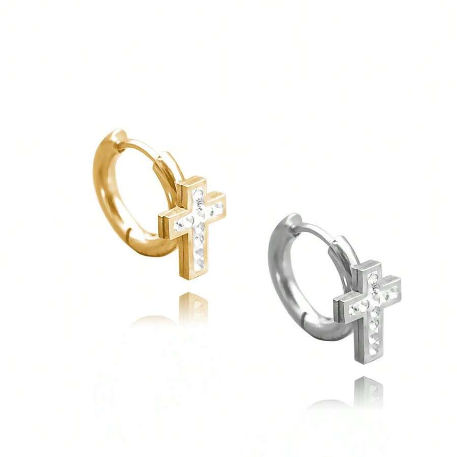 Does Not Darken Cross  Hoop Earring Studded In Stainless Steel Gold Silver Antiallergic - 1 銀對 - 查看 1