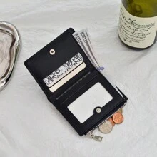 新款韩版女士卡包钱包褶皱设计迷你简约纯色多槽卡片盒生日圣诞礼物感恩节复古女士钱包钱夹小钱包 - 黑色 - 查看 3