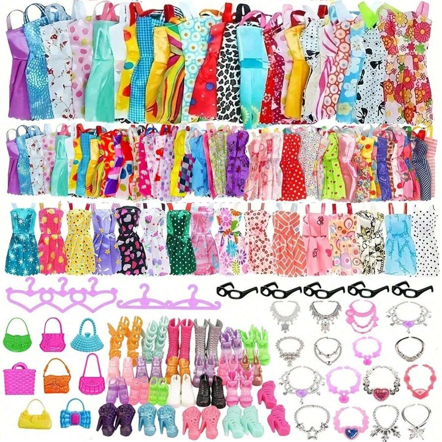 Bộ 40 món quần áo và phụ kiện búp bê, gồm 3 túi xách ngẫu nhiên, 6 dây chuyền ngẫu nhiên, 6 kính ngẫu nhiên, 10 móc treo quần áo ngẫu nhiên, 10 đôi giày ngẫu nhiên, 5 váy ngẫu nhiên. Thích hợp cho búp bê cao 11,5" và 18". Đồ chơi búp bê dành cho trẻ em. - Nhiều màu - Xem 1