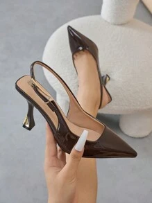 女士金属搭扣装饰纯色尖头闭趾高跟鞋，套脚穆勒鞋款式，舒适时尚，适合工作、正式场合、秋冬季节穿着，棕色PU材质，猫跟，优雅，女士高跟鞋，高贵典雅 - 棕色 - 查看 2