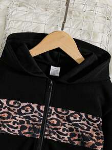 3 件/套青少年女孩时尚服装：心形和豹纹印花短袖 T 恤和豹纹拼色拉链连帽衫夹克和豹纹侧条纹松紧腰裤，舒适柔软的运动休闲套装，适合青少年女孩户外、度假和日常穿着 - 黑色 - 查看 4