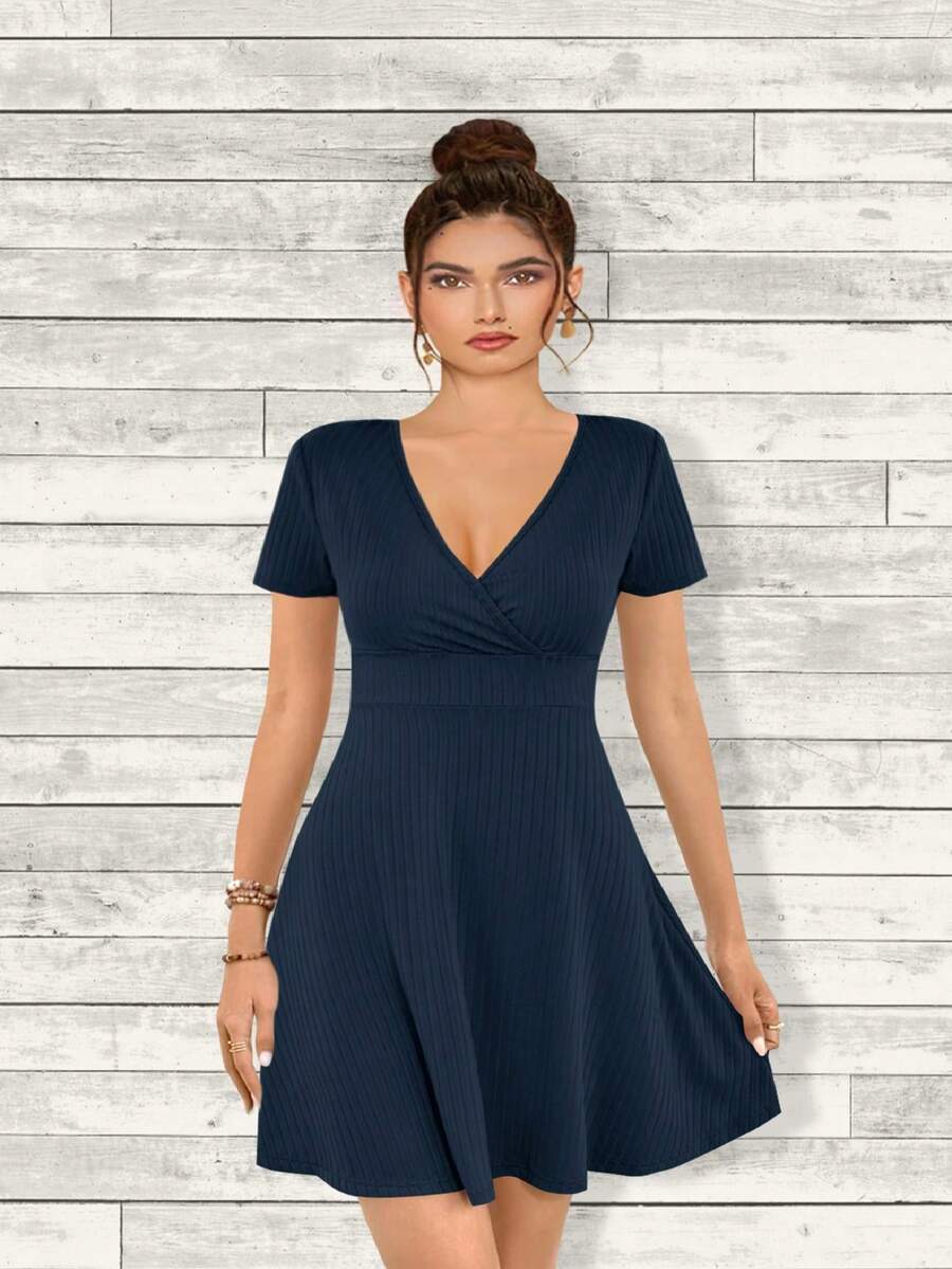 Short Dress With Short Sleeves And A V-Neckline, Atienza Model, Epifania Brand - 藏蓝色 - 查看 1