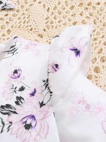 Baby Girl Floral Print Smock Shirt And Solid Color Pants, Autumn/Winter - Purple - View 6