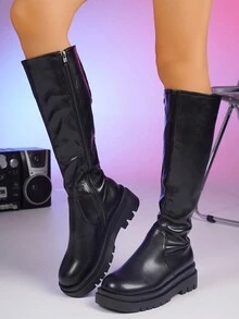Women Round Toe Knee High Boots, Chunky Heel, Solid Color, Simple And Lightweight Design With Side Zipper, Black Color Elongates Legs, Winter - Black - View 4