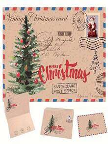Bộ trang trí Giáng sinh 1 tấm thiệp Giáng sinh cổ điển kèm phong bì giấy Kraft - Bưu thiếp phong cách cổ, thiệp quà tặng Giáng sinh, thiệp gấp, dùng để chúc mừng lễ hội - Nhiều màu - Xem 5