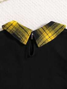 2 件/套女孩时尚春秋服装套装：字母印花领针织长袖上衣 + 松紧腰格子迷你裙，青春活力户外休闲秋装，舒适、柔软、简约的校园风格春季少女服装 - 黃色 - 查看 4