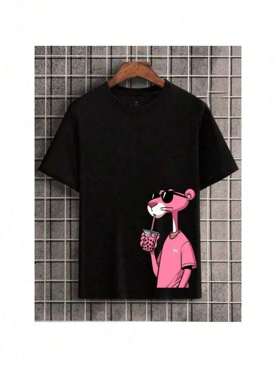 Uissex Pink Panther T-Shirt 100% Cotton Shirt - màu đen - Xem 1