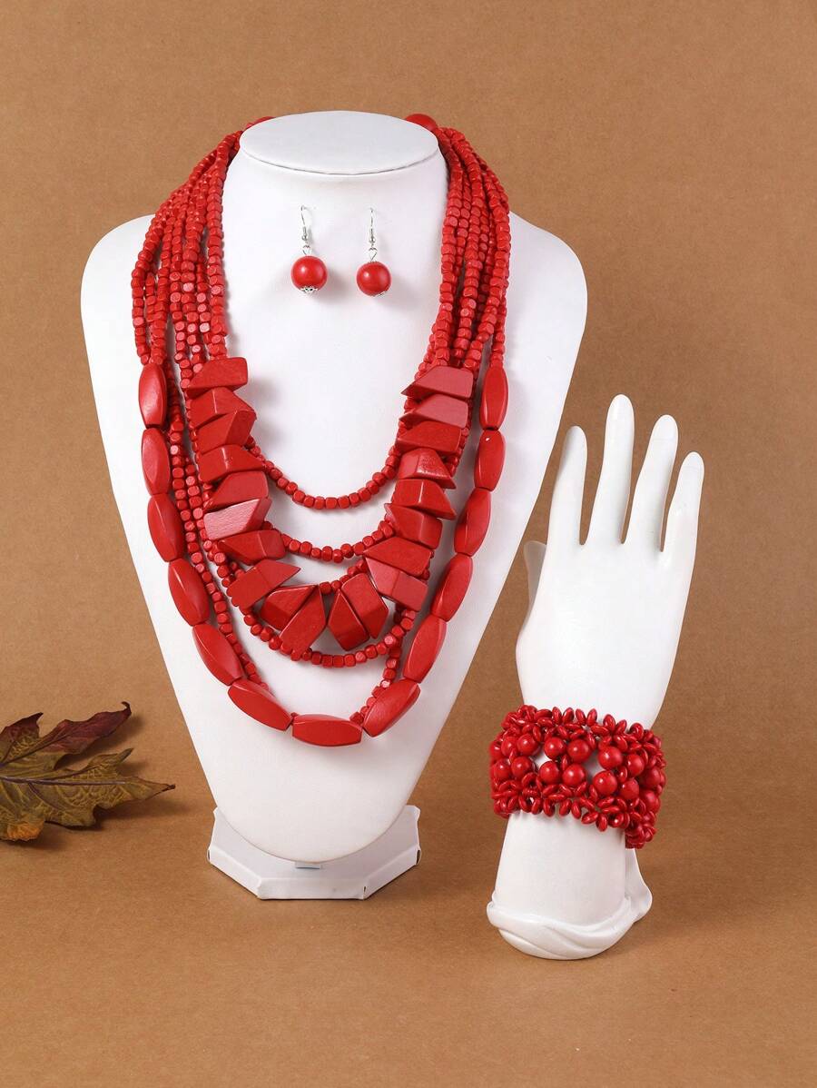 Exaggerated Multi-Layer Handmade Retro Fashion European & American Boho Necklace, Earrings, Bracelet Set - Multicolor - View 1