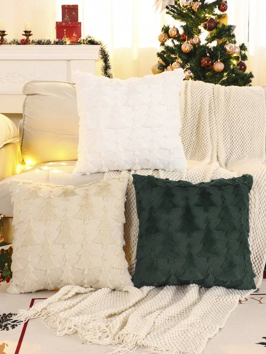 Miater 1 buah Sarung Bantal Dekoratif Natal Berbahan Plush Quilted dengan Bordir Pohon Natal
