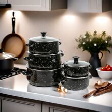 Set de 5 piezas Ollas esmaltadas de porcelana con diseño de estrellas, incluye olla de sopa, cacerola y olla guisera, de alta calidad y durabilidad, en variedad de tamaños, adecuadas para cocina a gas, vitrocerámica y llama abierta, utensilios de cocina para la cocina y el comedor - Multicolor - Ver 5