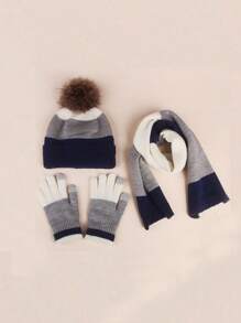 3pcs/Set Kids Pom Pom Hat + Scarf + Gloves (3 Pieces Set), Y2K Style, Breathable & Fashionable, Suitable For Autumn/Winter Outdoor Wear