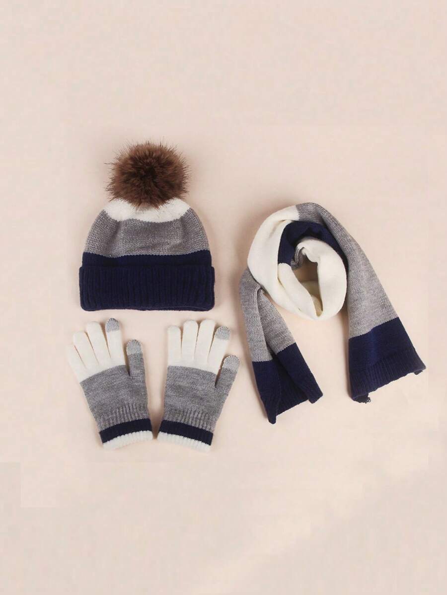 3pcs/Set Kids Pom Pom Hat + Scarf + Gloves (3 Pieces Set), Y2K Style, Breathable & Fashionable, Suitable For Autumn/Winter Outdoor Wear