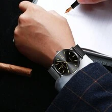 Reloj de oro para hombre de lujo, reloj de hombre con diamantes, calendario, vestido de negocios, reloj brillante para hombre, esfera grande, análogo de cuarzo, resistente al agua, luminoso, casual, de acero inoxidable, reloj de pulsera para hombre - Negro - Ver 6
