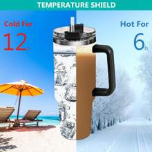 40oz 5D Cowprint Insulated Tumbler With Handle And Straw Lid Portable Large Capacity Water Bottle, Heat Preservation,304 Stainless Steel Cup For Outdoor Sports, Travel & Camping Birthday Gift - In hình con bò lớn màu trắng - Xem 6