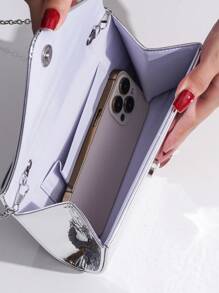 银色金属手拿包，女式 PU 皮革亮面翻盖手提包，优雅派对单肩包链条斜挎包，配有手机/口红隔层 - 銀色 - 查看 9