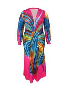 大码印花 V 领长袖系带美人鱼下摆正式派对连衣裙 - 彩色 - 查看 3