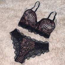 LACE LINGERIE SET WITH PADDED BRA + PANTIES SENSUAL NIGHT LINE WINTER FASHION LINGERIE - 黑與白 - 查看 2