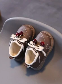 1 Pair Girls Butterfly & Cherry Princess Shoes, PU Leather Waterproof Children Ankle Boots, Warm Toddler Booties, Suitable For Autumn & Winter - Khaki - View 2