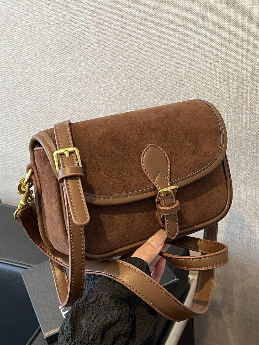 新款复古单肩包，带 2 条肩带，斜跨包，休闲绒面拼布翻盖女士手提包，秋季百搭通勤包