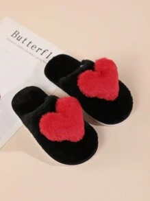 Kids' Comfortable Heart Shaped Plush House Slippers, Red, Indoor/Outdoor - Black - View 4
