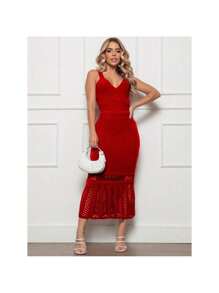 Women's Long Strap Midi Dress In Modal Knitwear, Braids And Lace With Crochet Stitch, Knit Look - Đỏ - Xem 1