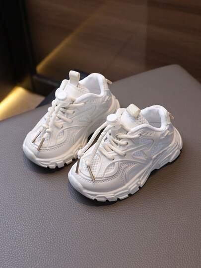 1pair Girls Soft Bottom Solid Color Mesh Fabric Sneakers, Button Decor, Breathable, Anti-Slip, Fashionable Baby Shoes For Spring Autumn