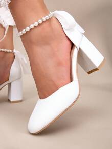 Spring & Autumn Elegant White Faux Pearl Bowknot Party & Wedding Pumps, Ladies' Pointed Toe Thick Heel Shoes Valentines