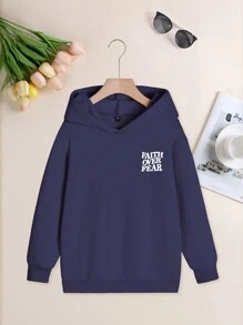 1 pieza 2025 Sudadera con capucha informal estampada para niñas con capucha de terciopelo gruesa para otoño e invierno - Ropa para estudiantes y niños pequeños - "La fe vence al miedo" - Una sudadera para niños que les gusta explorar y jugar! Ropa de sudadera para niñas preadolescentes