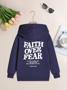 1 pieza 2025 Sudadera con capucha informal estampada para niñas con capucha de terciopelo gruesa para otoño e invierno - Ropa para estudiantes y niños pequeños - "La fe vence al miedo" - Una sudadera para niños que les gusta explorar y jugar! Ropa de sudadera para niñas preadolescentes
