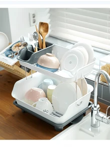 1pc 2-Tier Kitchen Storage Rack, Multifunctional Dish Drying Rack, Plastic Dish Cups Bowls Utensil Drainer Holder For Countertop - Black and White - View 1
