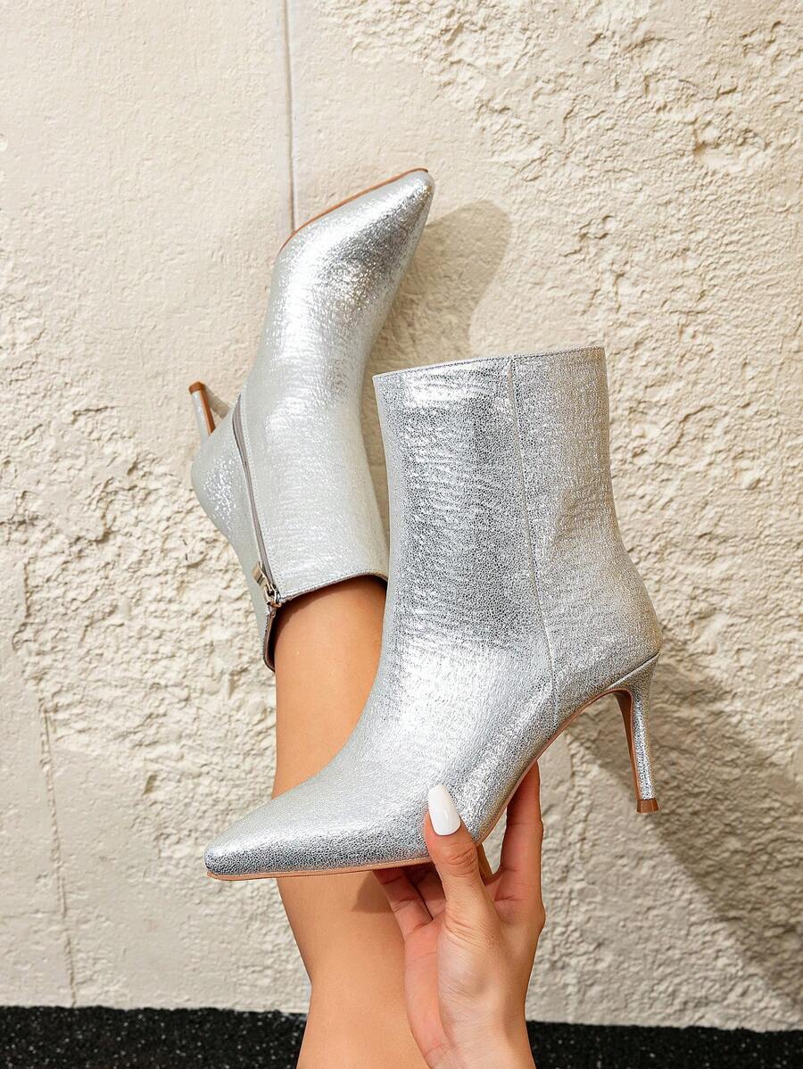 Women Fashion Pointed Toe Silver Leather High Heel Short Boots, Winter Boots