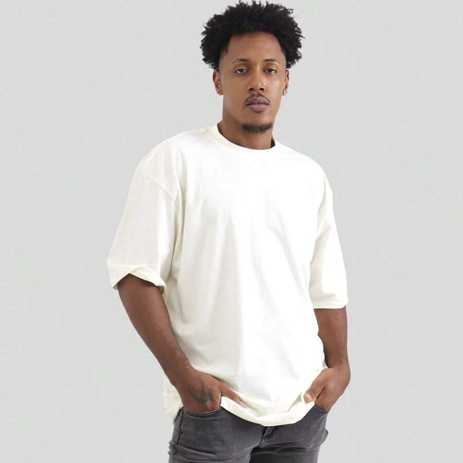 Plain Basic Oversized Cotton T-Shirt Without Print - Kem - Xem 1
