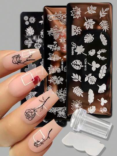 4pcs/Set Nail Art Stamping Plate & Scraper Kits, Flower, Leaf, Butterfly, Rose Floral Patterns, DIY Nail Polish Stamping Tools