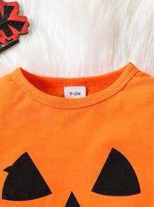2 piezas Conjunto de top de cuello redondo de manga larga y pantalones con estampado de calabaza de Halloween para niño pequeño, talla 1-6 años - Naranja - Ver 4