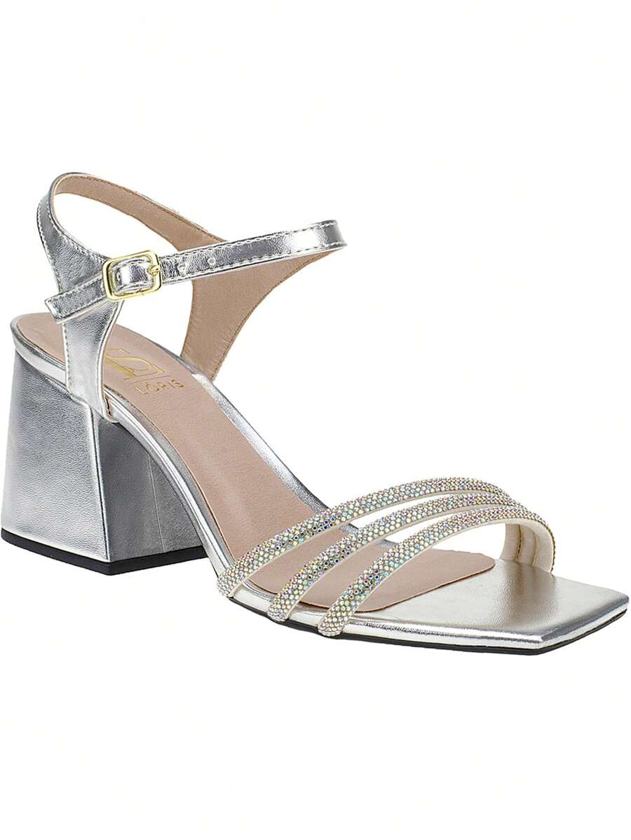 Loris Shoes Oficial Metallic Block Heel Sandal With Rhinestone Straps And Back With Buckle 9001 - Bạc - Xem 1