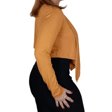 Cropped Long Sleeve Open Social Elegant Sicuak Cardigan In Viscolycra - 駝色 - 查看 7