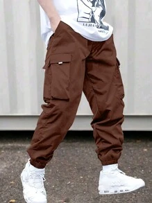 1pc Tween Boy Casual Exercise Outdoor Cargo Pants With Big Pockets & Webbing Trim, Spring & Fall