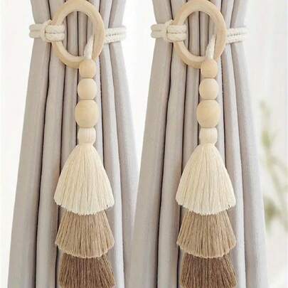 1/2 Chiếc Dây Buộc Rèm Cửa Phong Cách Bohemian Thủ Công Kèm Hạt Gỗ - Dây Buộc Rèm Cửa Phong Cách Boho Bằng Polyester Dùng Trang Trí Nhà Cửa