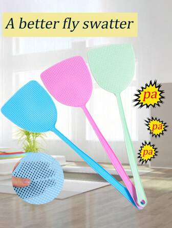 1/6/10pcs Household Plastic Fly Swatter, Durable Long Handle Summer Mosquito Swatter, Extra Wide Elastic Band With Hole For Wall Hanging, Thick Manual Swat